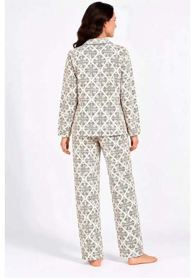 Pierre Cardin Gömlek Yaka Desenli Kadın Pijama Takımı Krem