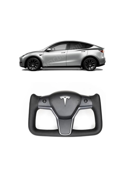 Tesla Model Y - Model 3 Yoke Stil Direksiyon Simidi - Alcantra Siyah Deri - Karbon Fiber Kaplama - Isıtmalı
