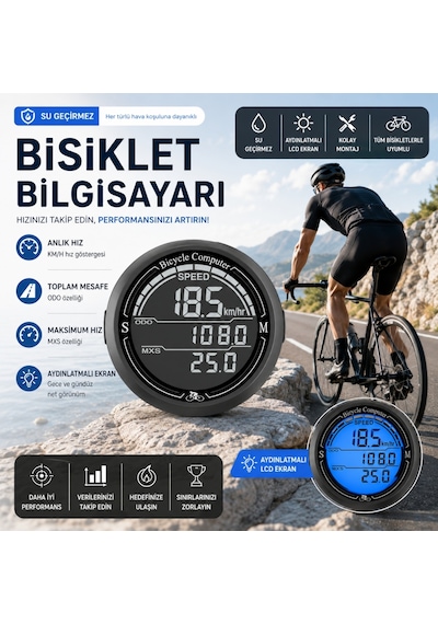 Triline Bisiklet Bilgisayarı Km Saati Hız Ve Mesafe Ölçer Su Geçirmez Ledli Lcd Ekranlı Kablolu Siyah