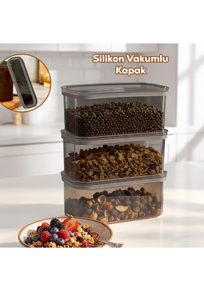 Porsima 420-gr 3lü Sızdırmaz Yiyecek Erzak Saklama Kabı Seti - 1100ml Gri