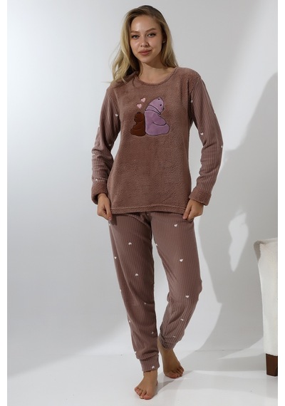 Wordex Fawn 5015 Peluş Welsoft Polar Kışlık Ayıcıklı Yumoş Kadın Pijama Takımı Vizon