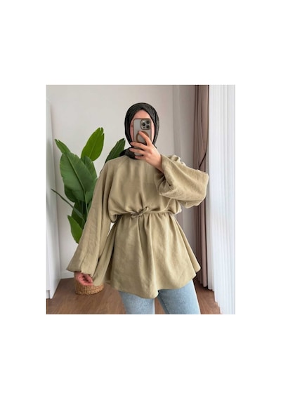 Unika Boutique Kadın Trend Balon Kol Tunik Modal Kumaş Dokusu Yumuşacık 38 40 42 44 Beden Arası Standar Beden Yeşil