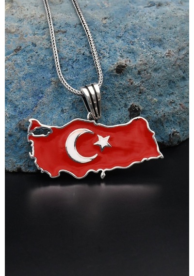 Türk Bayrağı Ay Yıldızlı Mineli 925 Ayar Gümüş Kolye Zincir 901119