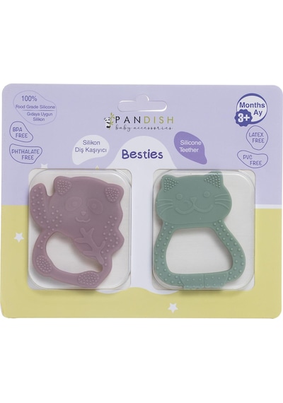 Besties Silikon Diş Kaşıyıcı Pembe Panda & Yeşil Kedi 2 Adet Çok Renkli