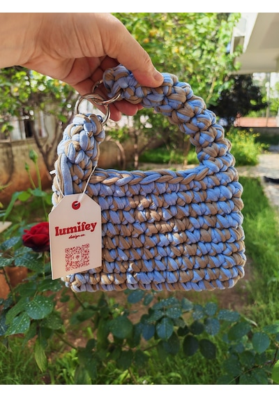 Lumifey Design Cozy El Yapımı El Çantası - Mavi & Kahverengi Penye İp Örgü Çanta Açık Mavi - Kahverengi