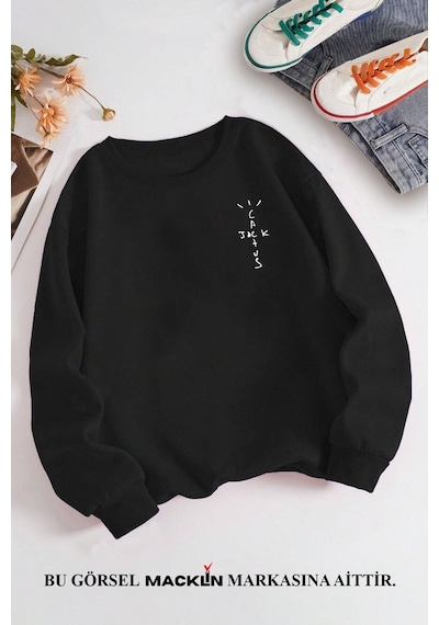 Macklin Unisex Kadın Erkek Travis Scott Cactus Jack Özel Tasarım Baskılı Bisiklet Yaka Sweatshirt Siyah1 Mck1306 Siyah