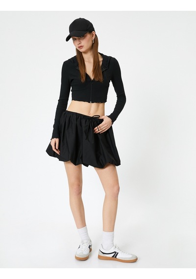 Koton Crop Kapüşonlu Fermuarlı Hırka Uzun Kollu Slim Fit Siyah 5wal90001ık Siyah