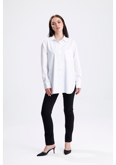 Sweetness Kadın Beyaz Oversize Likralı Pamuklu Cepli Uzun Kol Gömlek Beyaz