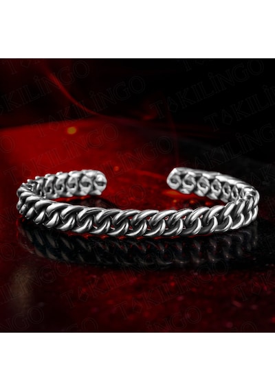 925 Ayar Gümüş Kalın Burgu Zincir Model Açık Cuff Ayarlanabilir Erkek Bileklik Gümüş