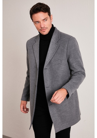Buratti Slim Fit Tek Yırtmaçlı Düğmeli Mono Yaka Kaşe Erkek Kaban 5840098 Açık Gri