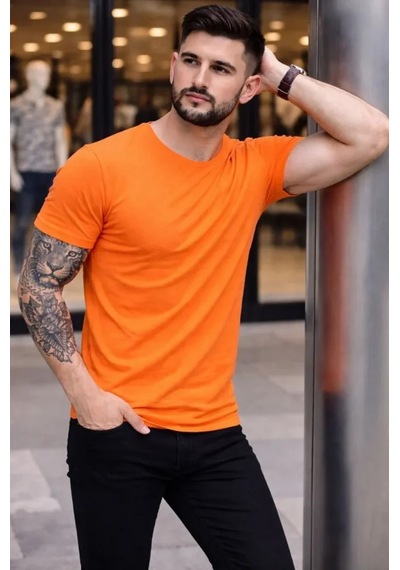 Veraura Lifestyle Erkek T-shirt Bisiklet Yaka Slim Fit Dar Kesim Likralı Tişört Günlük Basic Body - Turuncu