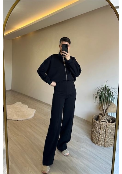Neşeli Butik Kadın Fermuarlı Oversize Sweat Ve Yüksek Bel Eşofman Takımı Nm018 Siyah