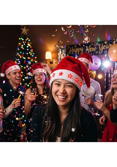 Led Işıklı Noel Baba Şapkası Kırmızı Beyaz Peluş, Yıldız Işıklı Yılbaşı Parti Aksesuarı - 9005143003056