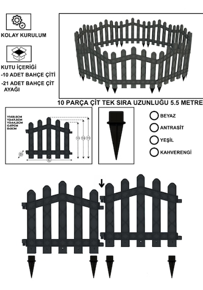 Dekoratif Plastik Bahçe ve Peyzaj Çiti 10 Adet ÇİT (Y: 50 CM / G: 5.5 M) Toprak Ayaklı - Yeşil