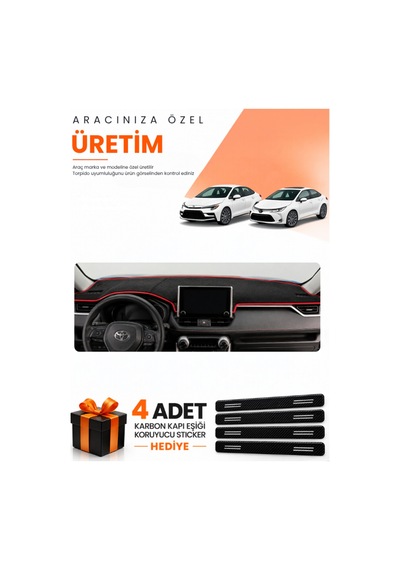 Toyota Corolla E210 Hayaletli 2018-2026 Uyumlu Torpido Koruma Örtüsü Oto Kılıfı - Siyah Kırmızı