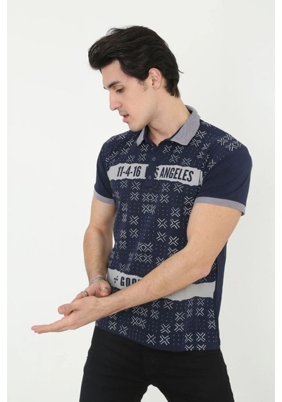 Erkek Polo Yaka Tişört Slim Fit Baskılı Kısa Kol T-shirt - Lacivert