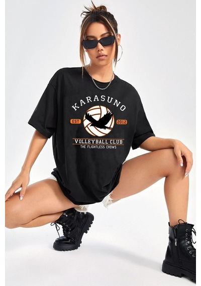 Unisex Karasuno Baskılı T-shirt Siyah