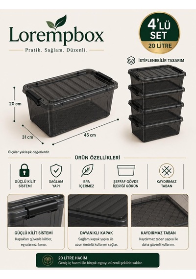 Lorempbox 20 L Kilitli Saklama Kutusu 4'lü Set Antrasit Çok Renkli