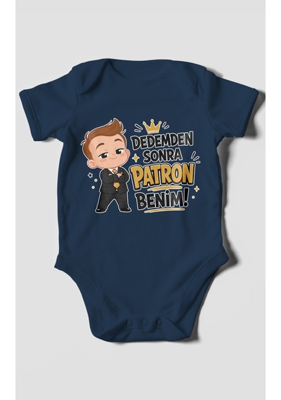 Morivokids Dedemden Sonra Patron Benim Kısa Kollu Bebek Body %100 Pamuk Lacivert