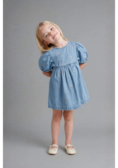 Defacto Pamuklu Denim Elbise Kız Bebek H4072a526smnm39 Mavi-nm39