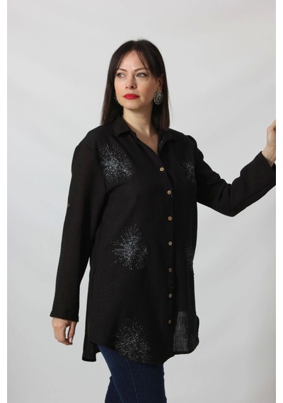 Moda Berray Sb-092 Siyah Gümüş Yaldızlı Güneş Desenli Kolu Apoletli Yandan Cepli Tunik Gömlek Kadın Büyük Beden Siyah Moda Berray Sb-092 Siyah Gümüş Yaldızlı Güneş Desenli Kolu Apoletli Yandan Cepli Tunik Gömlek Kadın Büyük Beden Siyah