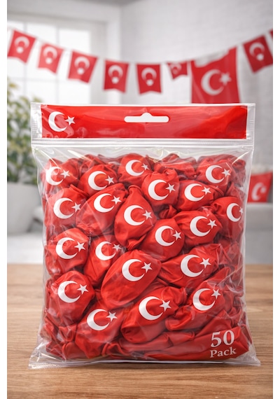 Ayyıldızlı Kırmızı Balon Seti Türk Bayraklı Parti Balonu Dayanıklı Latex Balon 50 Adet Düz Renkli