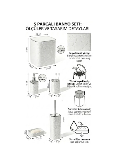 Makri Home 5 Parça Banyo Seti, Kalp Desenli, Beyaz Silver, Kare, Click Kapaklı, Hacim: 8 Litre Beyaz