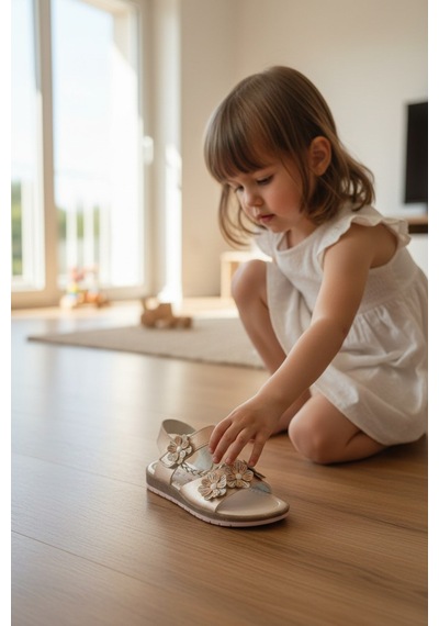 Enoch Üçlü Çiçek Figürlü Ve Örgü Bant Detaylı Zarif Kız Çocuk Sandalet Pembe
