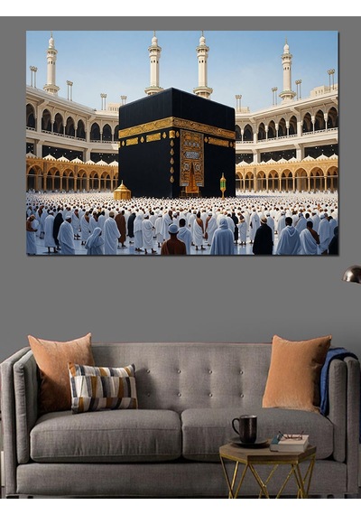 Ahşap Tablo Kabe Etrafında İbadet Eden Kalabalık