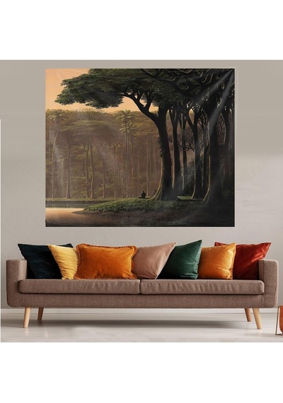 Pelangi Ormanda Oturan İnsan Leke Tutmaz Kadife Dokulu Kumaş Duvar Örtüsü Duvar Halısı Tapestry, Kahverengi 70 X Diğer