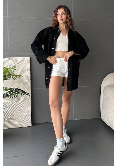 Siyah Düğmeli Çift Cep Oversize Denim Gömlek Ceket Bcdf-245415 Çok Renkli