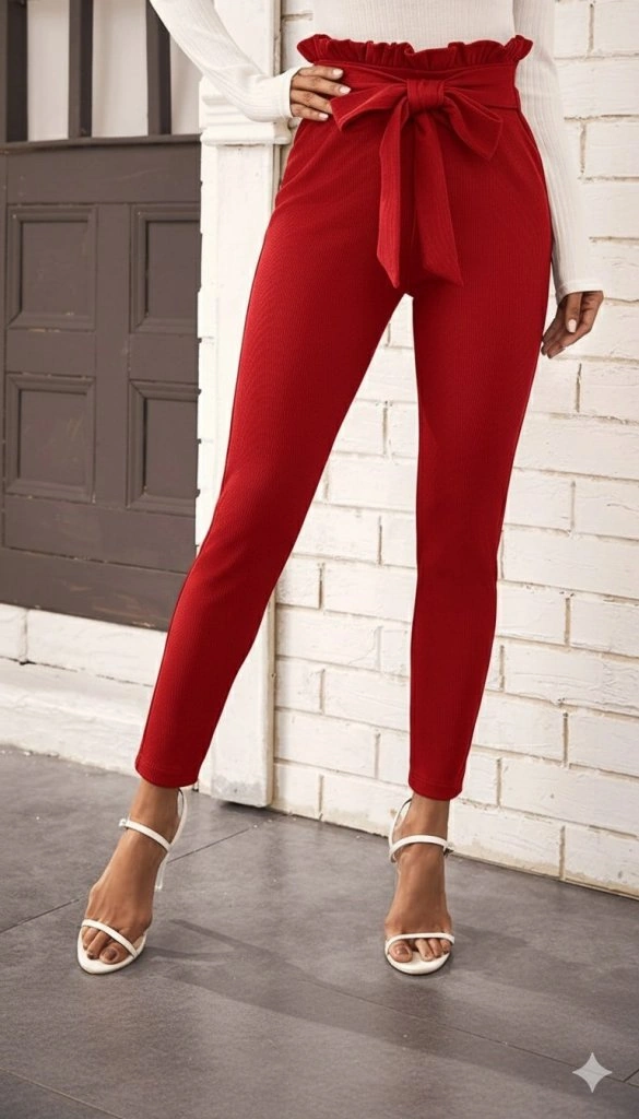 Tua Moda Kadın Yüksek Bel Beli Fırfırlı Önden Bağlamalı Ithal Krep Pantolon Bordo
