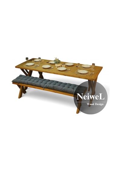Neiwel Ken Doğal Ahşap Banklı Yemek Masası Takımı-80-260 Takım Açık Ceviz