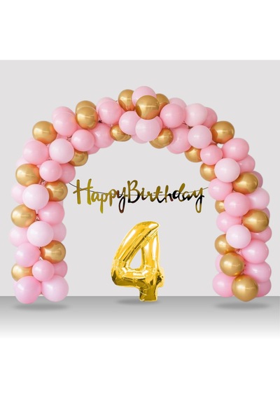 4 Yaş Retro Gold Pembe Balon Happy Birthday Banner Gold Rakam Doğum Günü Süsleme Çok Renkli
