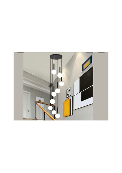 9 Lu Galeri Boşluğu Sarkıt Avize Siyah Metal Gövde Mat Opal Beyaz Cam E27 Duy Modern Otel Villa Siyah