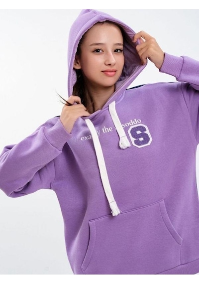 Çocuk Kapüşonlu Sırtı Kot Detaylı Sweatshirt-13454-mor Mor