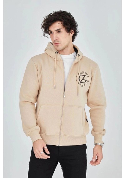 Freedom Storee Erkek 3 İplik Pamuklu Fermuarlı Kapüşonlu Kanguru Cepli Baskılı Hoodie Hırka Sweatshirt - Bej Çok Renkli
