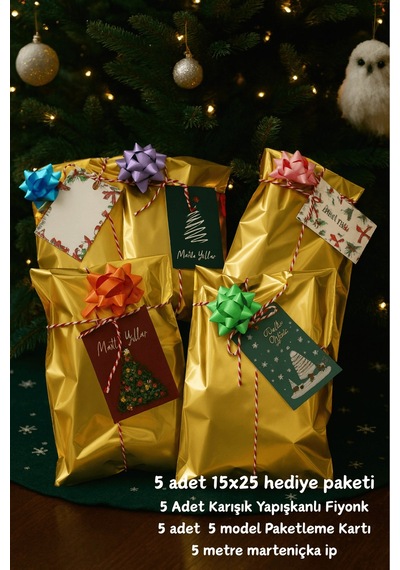 Gold Paketleme Seti Fiyonklu Kartlı 15x25 Hediye Poşeti - Yılbaşı Hediye Poşeti
