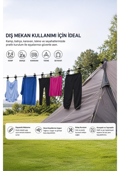10 Kancalı Mandallı Çamaşır İpi Tak Çıkar Balkon Kurutma İpi Taşınabilir Askı 1.8 m