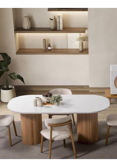 Gaia İskandinav Oval Natural Ahşap Bohem Masa 80x180 Naturel - Beyaz