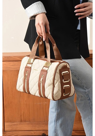 Just Polo Kadın Günlük Kullanıma Uygun Ayarlanabilir Askılı Büyük Boy Lüks El & Omuz Çantası Shoulder Bag Krem Kahverengi