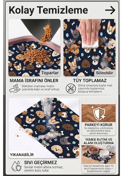 Matgo Pati Kedi Köpek Beslenme Matı 50x70cm Yumaklı Köpek Su Geçirmez Mama Kabı Altlığı Paspası