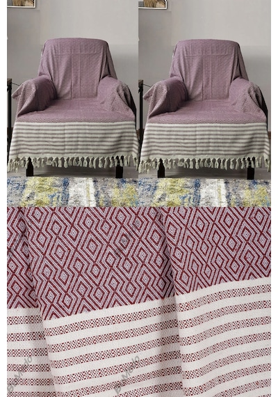 Buldan İşi Pamuklu 2'li Berjer Koltuk Örtüsü Seti 180x150 Cm - Kolları Örten Dokuma Kumaş Mürdüm