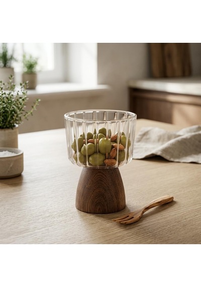 Deconox Doğal Akasya Ahşap Ayaklı Borosilikat Cam Sunumluk - Çerezlik, Dondurmalık Ve Tatlı Kasesi 10x9x6 Cm, 1 A Diğer
