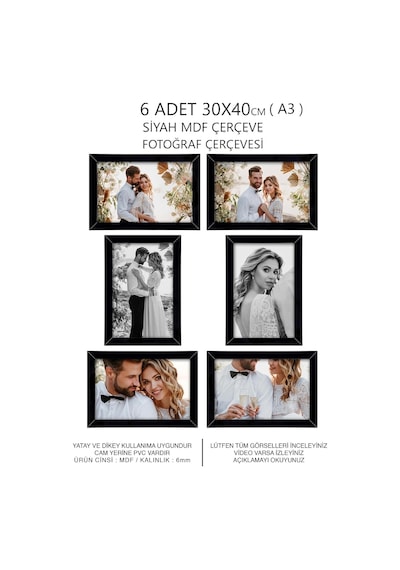 Yhfoto 6 Adet 30x40 Siyah Mdf A3 Çoklu Fotoğraf Siyah