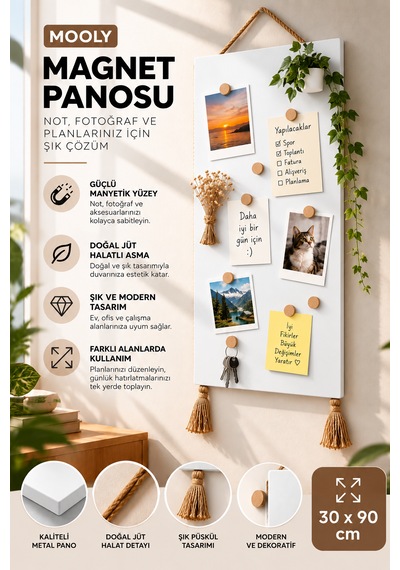 Mooly 30x90 Cm Beyaz Mıknatıslı Metal Pano, Hasır İpli Dekoratif Magnet Ve Fotoğraf Panosu