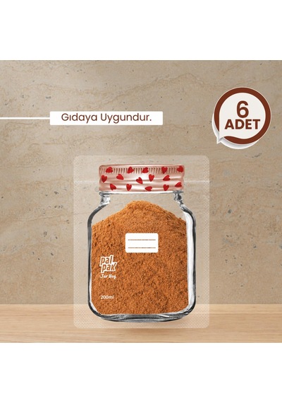 Kalp Desenli Mini Boy Kavanoz Görünümlü Kilitli Doypack Saklama Poşeti 6 Adet 200 Ml-11x15 Cm Şeffaf