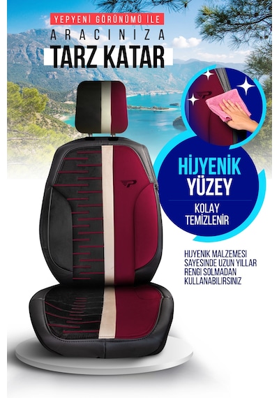 Siyah - Bordo Panda Camila Serisi Velucantra Kumaş Oto Koltuk Kılıfı - Tam Set