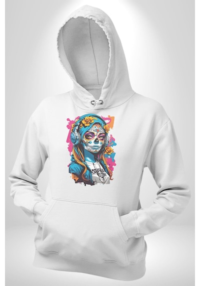 Kulaklık Müzik Dinleyen Kız Kadın Erkek Beyaz Kapüşonlu Sweatshirt Hoodie Beyaz