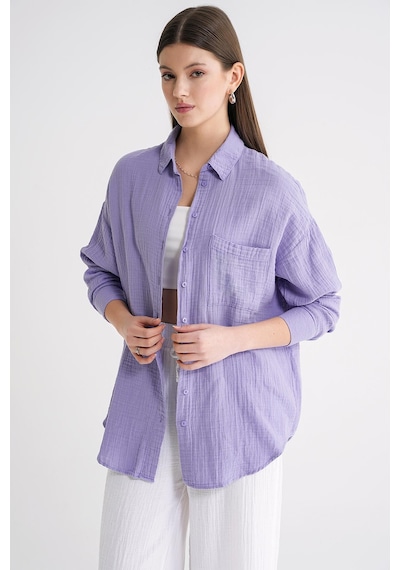 Mixray 3833 Kadın Oversize Cepli Müslin Gömlek Menekşe